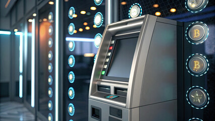Modern cryptocurrency ATM machine in sleek, futuristic setting, surrounded by glowing Bitcoin symbols and digital displays