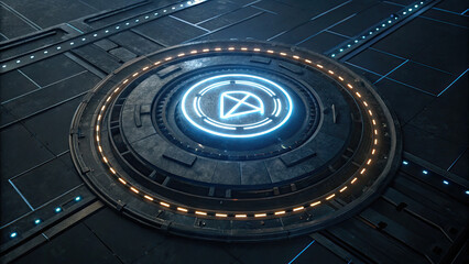 Futuristic glowing circular platform with intricate metallic details and illuminated blue and orange lights, evoking high tech, sci fi atmosphere