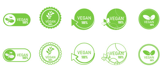 Vegan 100% Certified Labels and Icons Set. Plant-Based, Organic, Eco-Friendly Emblems