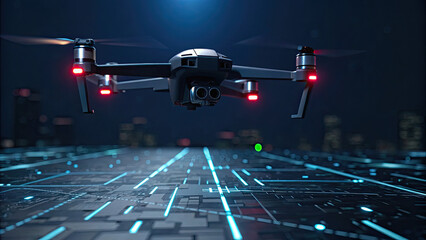 Futuristic drone with glowing red lights hovers over digital cityscape, showcasing advanced technology and innovation