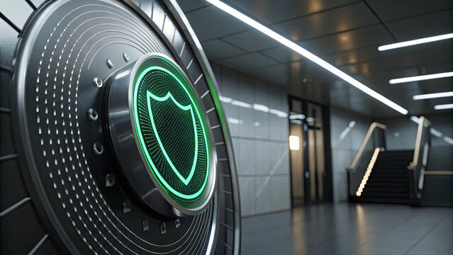 Futuristic security vault door with glowing green shield icon, symbolizing advanced protection, in modern, sleek interior setting