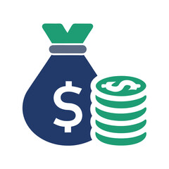 Teal and Navy Blue Money Bag and Stack of Coins Icon with White Dollar Sign on a White Background