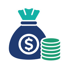 Teal and Navy Blue Money Bag with Stack of Coins Icon Design Isolated on White Background