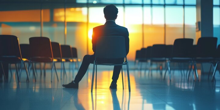Man sitting alone in airport terminal, waiting for flight. The sun is setting and silhouettes him against the glowing window.