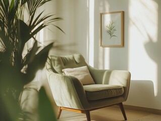 A cozy and stylish armchair in a sunlit living room, surrounded by green potted plants and adorned with a plant-themed picture on the wall.