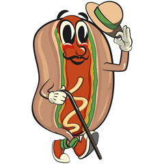 Obraz premium cute hot dog mascot cartoon vector illustration carrying a stick and saluting with raised hat, funny fast food character isolated on transparent background, work of hand drawn