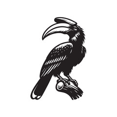 Black and white illustration of a hornbill bird perched on a branch