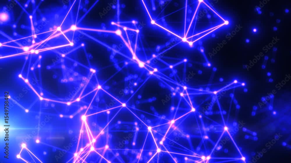 Poster futuristic abstract neural web with glowing pink and blue nodes connected in a tech-inspired network