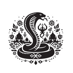 Intricate black and white indian cobra mandala with temple silhouettes and floral elements