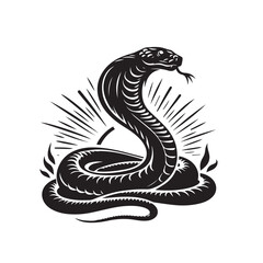 Stylized black cobra snake illustration with sunburst and flames on white background
