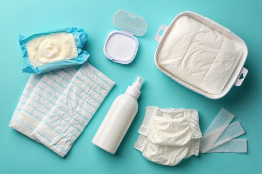 Baby diaper changing kit essentials on blue background - Powered by Adobe