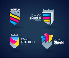 Set Logo Shield CMYK color Printing theme. Template design vector. Black background.