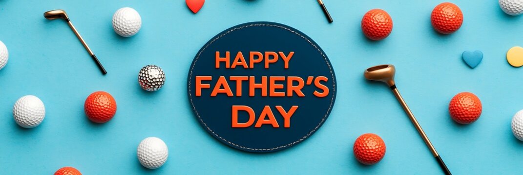 A Father's Day greeting card surrounded by mini golf balls, clubs, and heart-shaped tees on a blue background.