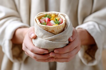 Close-up of freshly made vegetarian wrap held in hands
