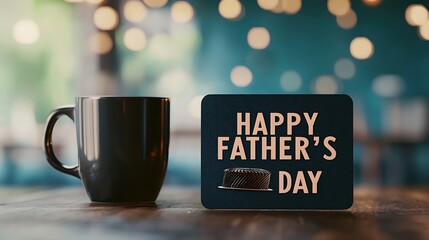 A black coffee mug next to a card that says "Happy Father's Day" with a hat illustration, set against a blurred background with warm bokeh lights.