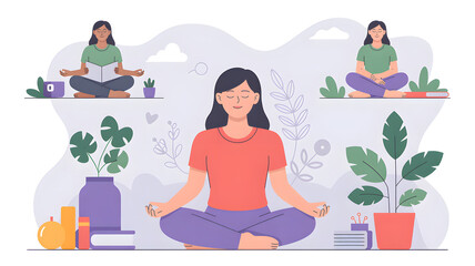 Young woman sitting in lotus yoga pose meditating and relaxing in a calm fitness illustration
