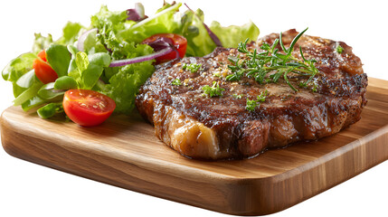 Rib eye steak with herbs on wooden board with salad grilled prime beef meat isolated on a white background