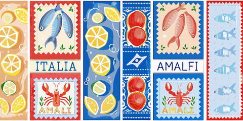 Hand Drawn Amalfi Coast Inspired Pattern with Fish Lemons and Lobster