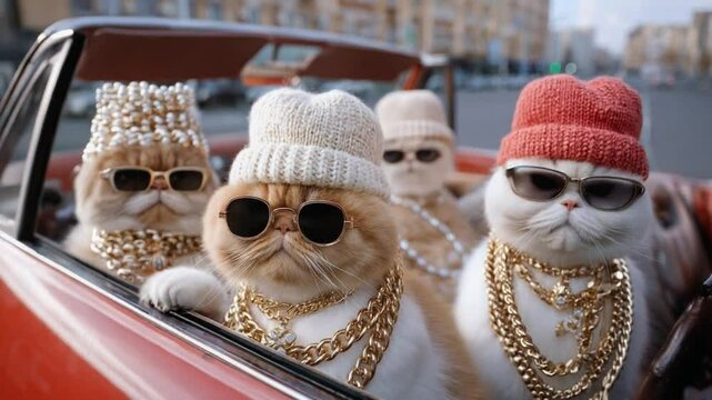Feline Crew Cruising: A cool crew of stylish cats rocks the scene in a vintage car, exuding confidence with their accessories, cruising down the city streets. 