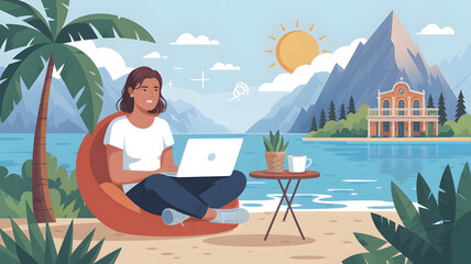 Woman and young man working on laptops outdoors by the beach during summer vacation