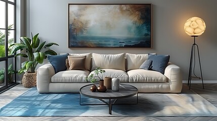 Modern living room with abstract ocean artwork and plants high resolution photo