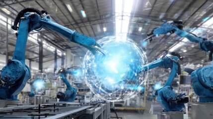 Advanced industrial factory with blue robotic arms interacting with a glowing digital globe, showcasing global technology and automation in a spacious high-ceilinged facility.