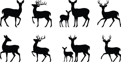 Fototapeta premium Silhouette vector illustration of deer in various poses including buck, doe, and fawn in standing and walking positions