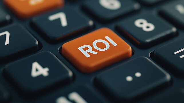 Close-up of a calculator keypad with an orange key labeled "ROI," emphasizing return on investment in a financial or business context.
