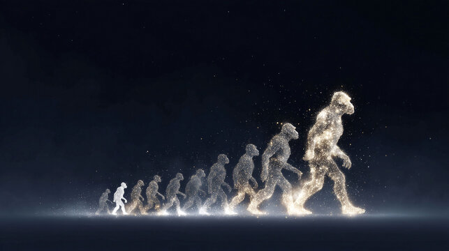 Conceptual image depicting human evolution. Sparkling figures symbolize progress, science, and transformation. Ideal for educational, scientific, or motivational content.