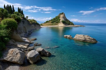 Picturesque coastal scene featuring clear waters rock formations and a stratified bluff with greenery against a blue sky