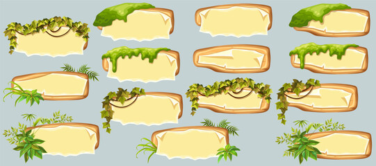 Wooden signboards with old paper, stems ivy, liana, grapes, vine, swamp moss, forest lichen. Set blank invitations, maps, jungle plants. 3d elements for messages, banners, notebooks, mobile games.