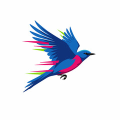 Blue bird in flight, vibrant colors and dynamic motion. Bird soaring through air with stylized wings. This colorful bird image is perfect for logo design, branding, or app icon.
