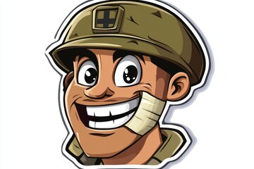 Cheerful Cartoon Soldier Character with Bandage on Face