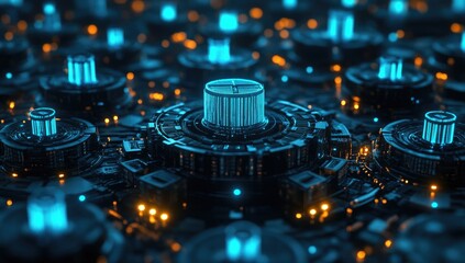Intricate, glowing, futuristic machinery.  Close-up view of  complex, interconnected,  technological  components