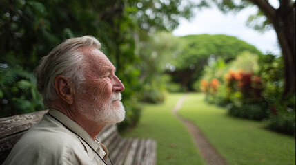 Senior man rests on a bench, contemplating life. Tranquil garden backdrop. Evokes peace, reflection, and wisdom. Ideal for aging, wellbeing themes.