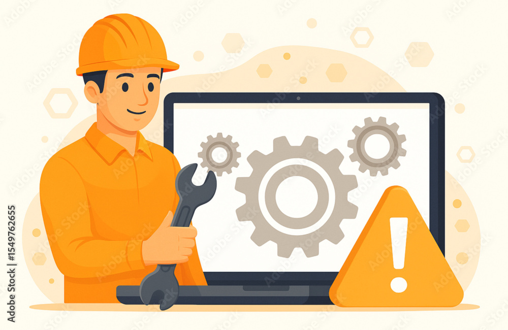 Poster tech support professional troubleshooting computer issues a friendly technician holds a wrench near 