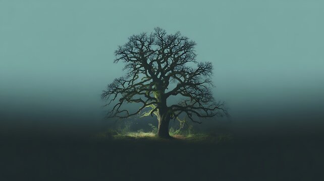 Ancient gnarled oak tree illuminated in ethereal mist and twilight glow