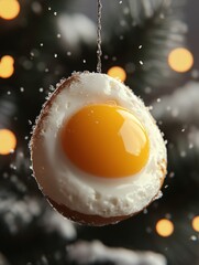 This image showcases a festive Christmas ornament fashioned from a fried egg, complete with a runny yolk at the center. The egg is decorated and hangs on a snow-covered pine tree, evoking the cozy