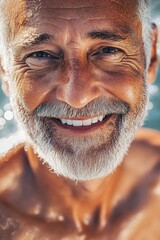 Senior man smiling and sunbathing at beach with close-up portrait.