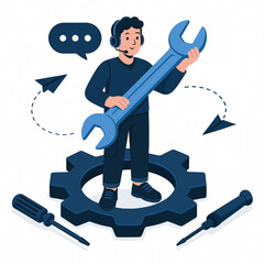 A tech support agent stands on a gear holding a large wrench symbolizing efficient problem solving and technical assistance for online customer service and help desk solutions.