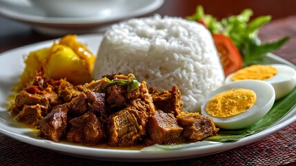 Nasi lemak is a flavorful Malaysian dish with coconut rice, curry meat, and boiled egg.