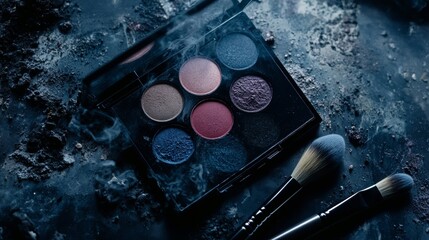 Colorful makeup with eyeshadow and brushes on a dark surface.