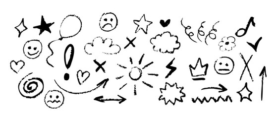 Explore a variety of hand-drawn symbols like arrows, stars, and lines for creative design uses.