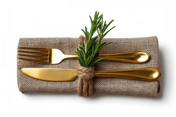 Golden cutlery wrapped in burlap napkin with rosemary for thanksgiving dinner