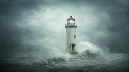 A vintage white lighthouse, showing signs of weathering, stands firm against powerful crashing waves under a dark, dramatic sky. Its light glows, symbolizing resilience and guidance amidst the turbul