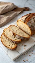 Artisan sourdough bread sliced on a marble board with crumbs