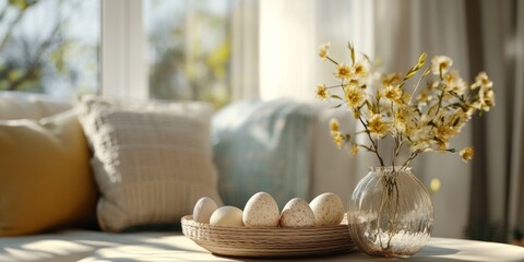 Colorful flowers in a vase, arranged for a spring table setting with soft natural light filtering through the window curtains.