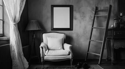 Vintage attic storage with old-style chair, ladder, and mirror. Window view showing curtains.
