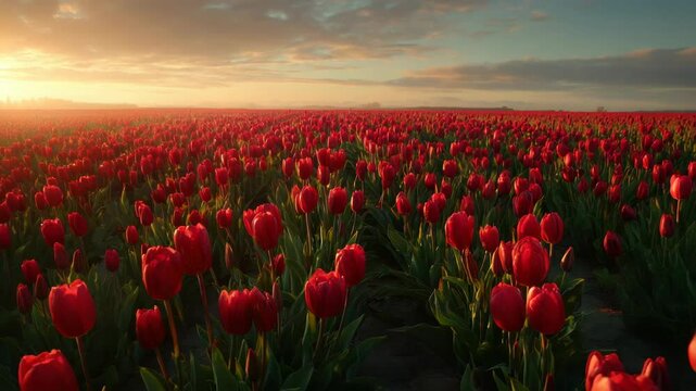 Vibrant red tulips field at sunset with soft sunlight, showcasing spring freshness
