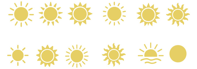 Sun icon set. Yellow sun star icons collection. Summer, sunlight, nature, sky. Vector illustration isolated on white background.